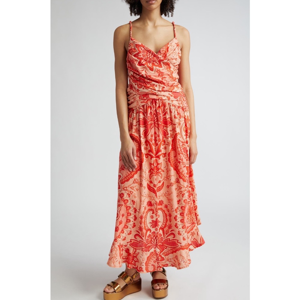 FARM RIO Jaipur Paisley Crossover Linen Blend Maxi Sundress Red Orange Sze L NWT
